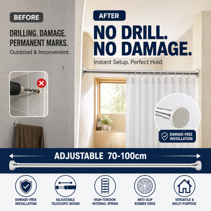 ⏳🔥LIMITED-TIME 50% OFF! ⏰ Adjustable No-Drill Tension Rod – Damage-Free Install, Anti-Slip & Multi-Purpose, Max 15KG Load 🏠