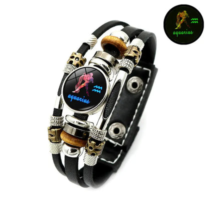 💥Last-day sale – 50% off ☪️Glow-in-the-dark leather zodiac sign bracelet for men and women (6.9/8.1 inches)♑️