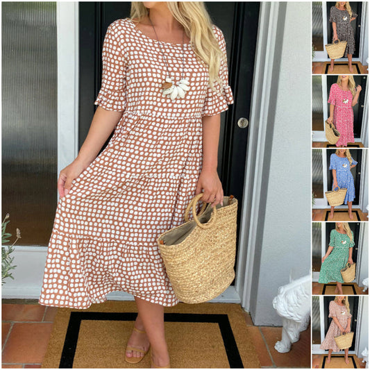 🏖️Summer Hot Sale ￡17.99!!💃Round Neck Polka Dot Print Midi Dress