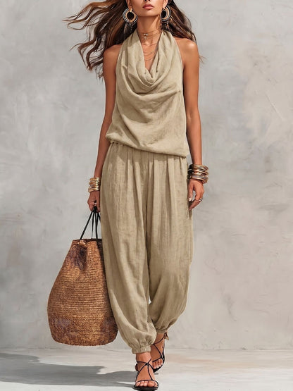 📢📢56% OFF !! ⏰ Sleeveless Cowl Neck Jumpsuit – Halter, Wide-Leg, Elegant 🍷