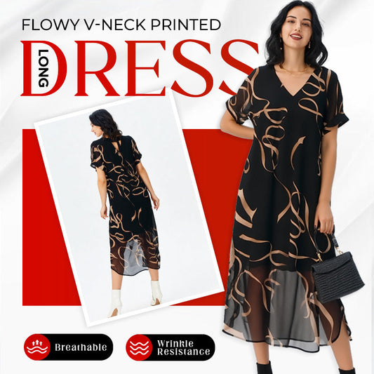 ⏳Limited-time 66% off⏰Flowy V-Neck Printed Long Dress👗