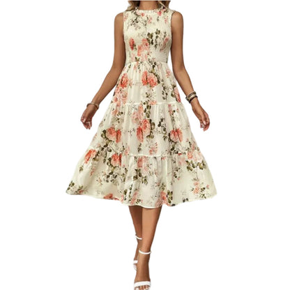 👗New Arrivals 55% OFF💥Women’s Sleeveless Floral Print Casual Dress – Smocked Bodice, Tiered Skirt, Midi Length ✨