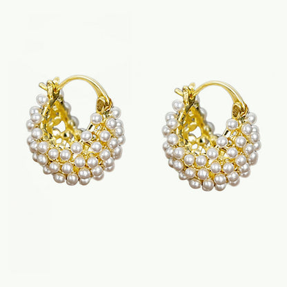 ⏳🔥LIMITED-TIME 50% OFF! ⏰✨ Faux Pearl Basket Hoop Earrings – Gold Tone, Unique Weave, Classic Elegance 🪀💍