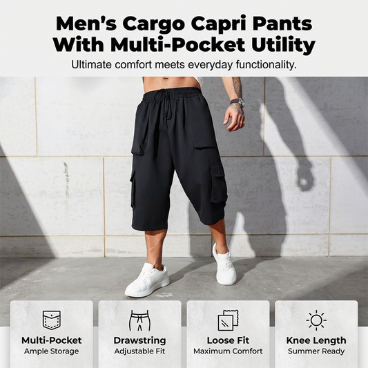 🩳 LIMITED-TIME 55% OFF! ✨ Men's Casual Cargo Capri Shorts – Large Pockets, Drawstring Waist, Relaxed Fit 🌿