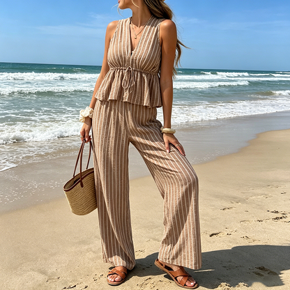 👕 PROMOTION LIMITÉE À -50 % ! ✨ Ensemble deux-pièces femme : haut rayé à col en V et pantalon large
