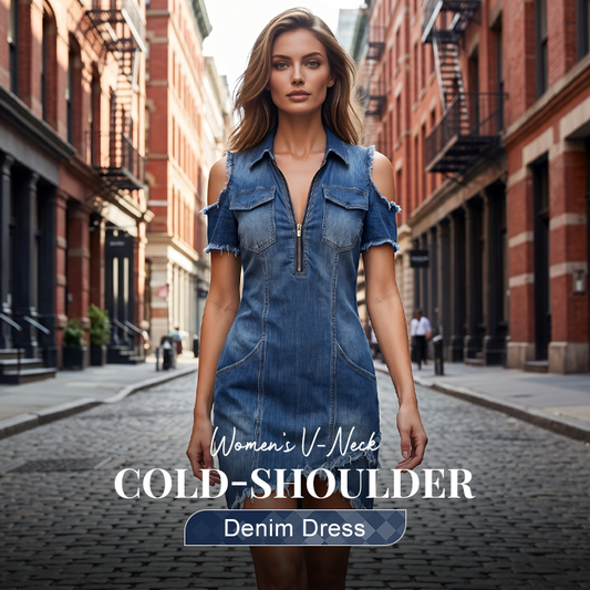 Robe en jean femme à encolure en V et épaules dénudées