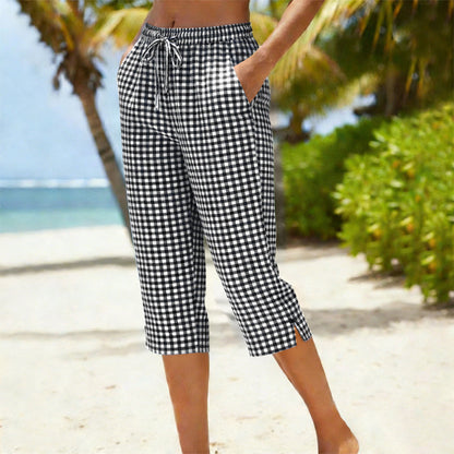 🎁2026 New Arrivals 60% OFF💥Gingham Capri Pants – Drawstring Comfort & Breathable Cotton-Linen