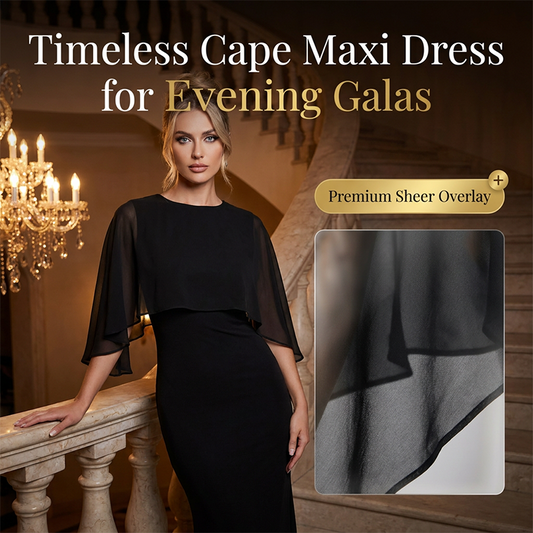 🔥While Supplies Last 50% OFF!Elegant Cape Maxi Dress | Sheer Overlay & Sculpted Hourglass Fit | Formal Evening Gown for Galas & Cocktail Parties