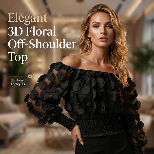 🎁New Arrival 50% OFF💥Off-Shoulder Fitted Top – 3D Floral Appliqués, Smocked Waist, Balloon Sleeves 🌸