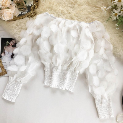🎁New Arrival 50% OFF💥Off-Shoulder Fitted Top – 3D Floral Appliqués, Smocked Waist, Balloon Sleeves 🌸