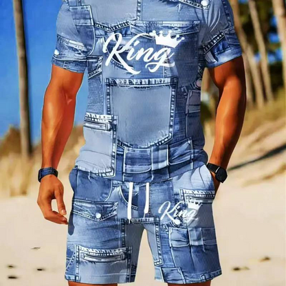 🏖️ Relaxed Fit Denim Print Co-Ord — Short Sleeve Tee & Cargo Shorts for Summer Escapes