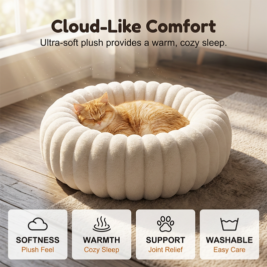 ⏳🔥LIMITED-TIME 50% OFF! ⏰🐾 Cloud-Like Ultra Soft Plush Round Calming Pet Bed, Raised Rim Donut Cat Dog Bed, Joint Relief Warm Cozy Washable Pet Sleeping Cushion
