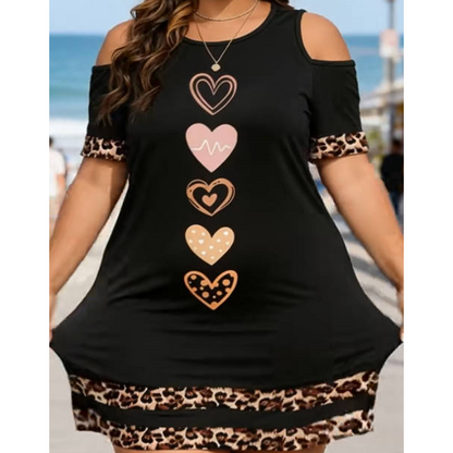 🎉 2026 Sale — Over 30,100 Sold 🐆 Plus Size Friendly Cold Shoulder Leopard Trim T-Shirt Dress – Curvy Casual Dress ❤️