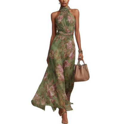 🎁2026 New Arrivals 55% OFF💥Elegant Floral Print Halter Neck Maxi Dress