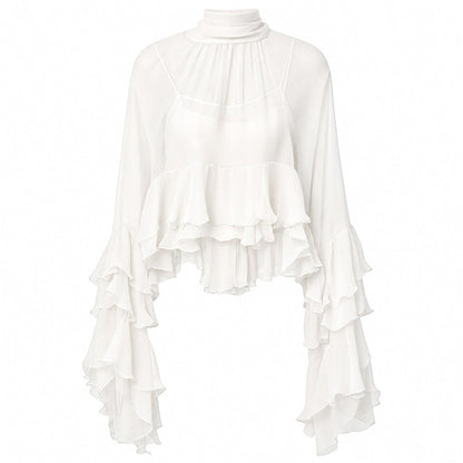 ⏳Limited-time 53% off⏰Sheer Mock Neck Blouse – Ruffled Sleeve Elegance👚🌸