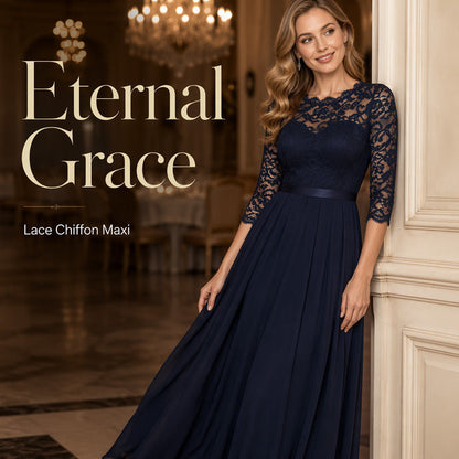 👗 LIMITED-TIME 50% OFF!🔥Women's 3/4 Sleeve Lace Chiffon Maxi Dress, Formal Evening Wedding Guest Long Gown
