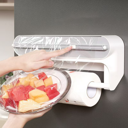 🧲 2-in-1 Magnetic Wrap Cutter & Towel Holder — Wall-Mounted Cling Film Dispenser with Paper Towel Rack