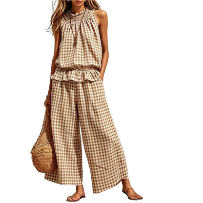 👗 Women's Summer Plaid Two Piece Set — Ruffle Sleeveless Top & Wide Leg Trousers Co-Ord