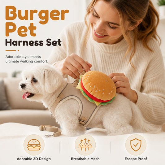 ⏳Limited-time 50% off⏰ Offer your furry friend a comfortable travel experience!🦮Cute Hamburger Pet Harness and Leash Set with Mini Backpack🍔🦮