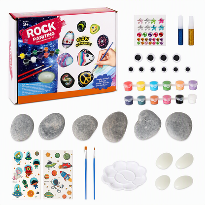 ⏳🔥LIMITED-TIME 50% OFF! ⏰🎨Kids Creative DIY Rock Painting Kit – Real Stones & Shells, Vibrant Glowing Neon Paint & Washable Safe Materials – Nurture Young Artistic Mind 🏔