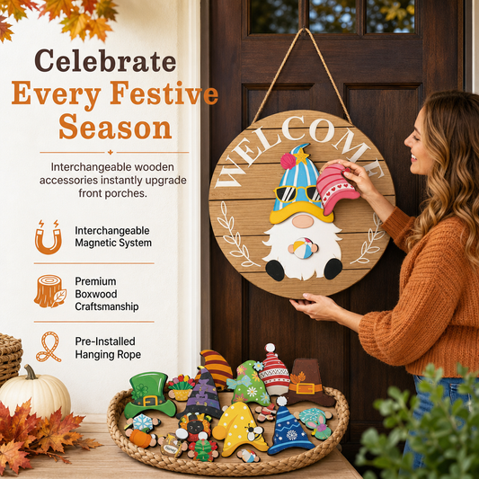 ⏳🔥LIMITED-TIME 50% OFF! ⏰🎄 Interchangeable Gnome Welcome Sign – Wooden Seasonal Hanging Decor for Christmas, Halloween & Home Entryway🐮