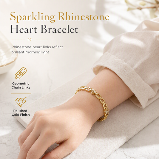 ⏳🔥LIMITED-TIME 50% OFF! ⏰ Gold Rhinestone Heart & Square Hollow Chain Bracelet – Hand-Set Rhinestone Hearts, Polished Gold Clasp & Lightweight Geometric Links – Parisian Elegance for Every Outfit 💛