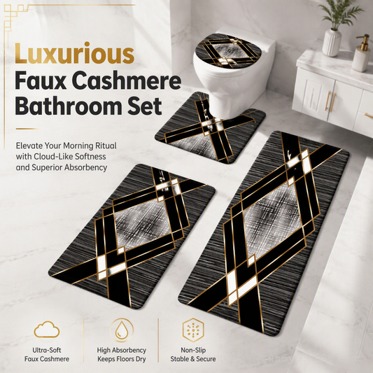 ⏳🔥LIMITED-TIME 50% OFF! ⏰✨ 4-Piece Faux Cashmere Bathroom Rug Set – Ultra-Soft Plush Underfoot, Overlock Stitched Anti-Shedding & Secure Grip – Rectangular Mat, U-Shaped Toilet Mat, Lid Cover & Runner 🧼