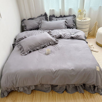 ⏳🔥LIMITED-TIME 50% OFF! ⏰Simple Solid Color 4-Piece Bedding Set with Ruffled Borders🛏️☁️