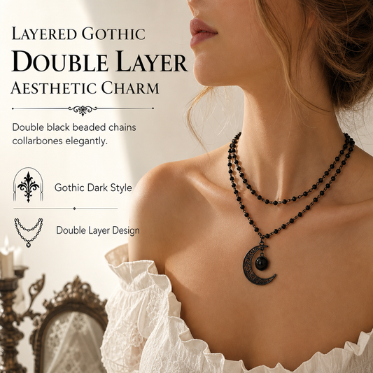 ⏳🔥LIMITED-TIME 50% OFF! ⏰Gothic Dark Crystal Beaded Chain Necklace with Hollow Out Moon Alloy Pendant🖤🌙