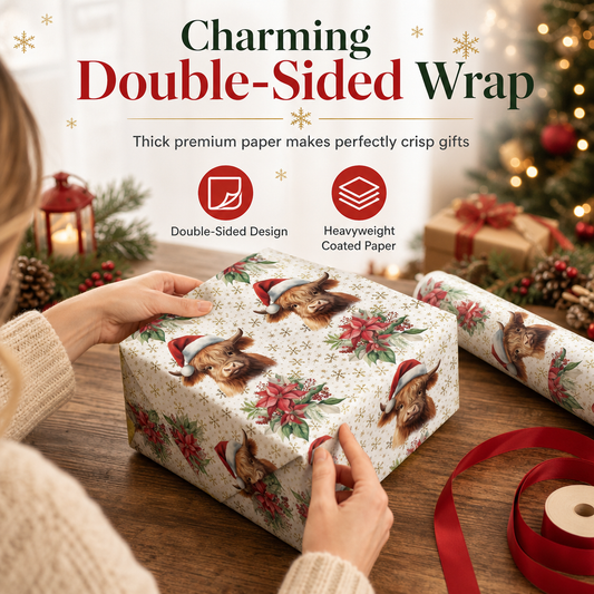 ⏳🔥LIMITED-TIME 50% OFF! ⏰🐮 Reversible Christmas Highland Cow Gift Wrapping Paper Roll – Thick Tear‑Resistant Craft Paper, 2 Festive Designs in 1 Roll (43cm×5m) 🎄🎁
