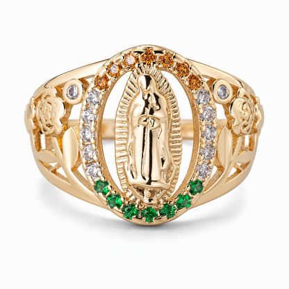 ⏳🔥LIMITED-TIME 50% OFF! ⏰Gold Tone Metal Goddess Portrait and Flower Ring for Women with Oval Colorful Cubic Zirconia Old Money Style