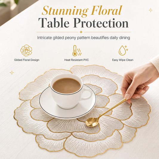 ⏳🔥LIMITED-TIME 50% OFF! ⏰Nordic Style Metallic Peony Flower PVC Placemat Heat Resistant Non Slip Waterproof Dining Table Mat 38cm