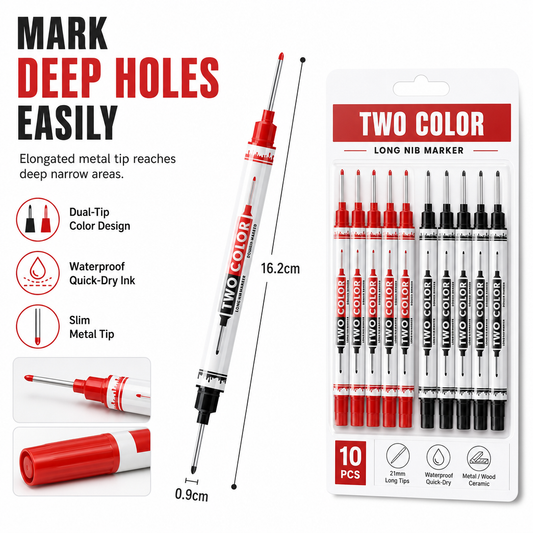 ⏳🔥LIMITED-TIME 50% OFF! ⏰10-Pack Dual Long Head Permanent Marker Pens Waterproof Oil-Based Deep Hole Scribing Markers for Woodworking