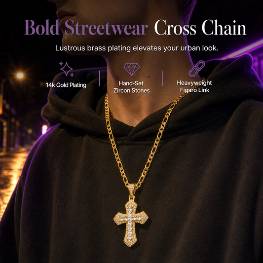 ⏳🔥LIMITED-TIME 50% OFF! ⏰Hip Hop Double Layer Baguette Rhinestone Cross Brass with Figaro Chain✝️