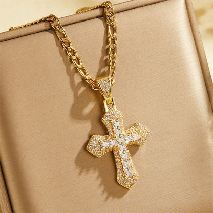 ⏳🔥LIMITED-TIME 50% OFF! ⏰Hip Hop Double Layer Baguette Rhinestone Cross Brass with Figaro Chain✝️