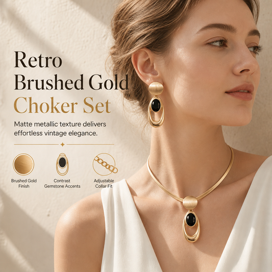 ⏳🔥LIMITED-TIME 50% OFF! ⏰Vintage Choker & Earring Set – Brushed Gold-Tone Finish & Black Stone Accents for Elegant Evenings✨
