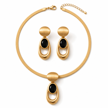 ⏳🔥LIMITED-TIME 50% OFF! ⏰Vintage Choker & Earring Set – Brushed Gold-Tone Finish & Black Stone Accents for Elegant Evenings✨